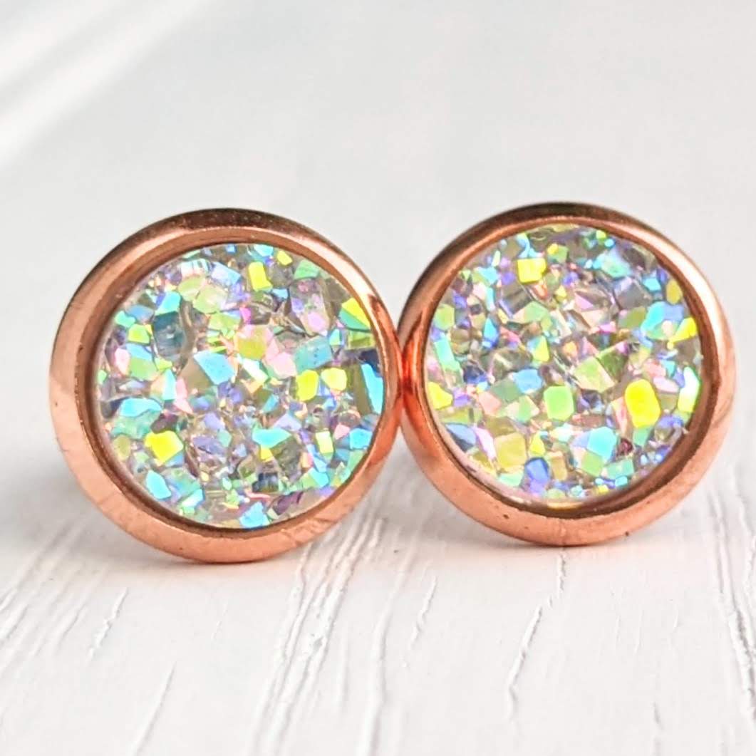 8mm Opal on Rose Gold - Druzy Stud Earrings - Hypoallergenic Posts