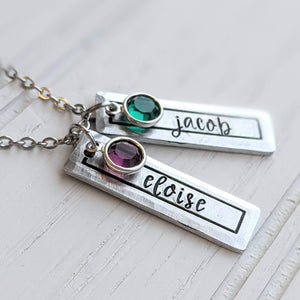 Name Tag Birthstone Necklace - Stainless Steel Chain
