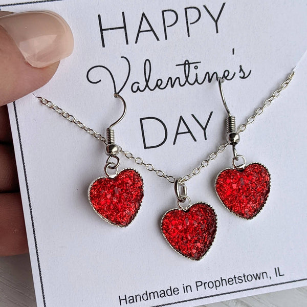 Valentines Druzy Heart Necklace and Earring Sets