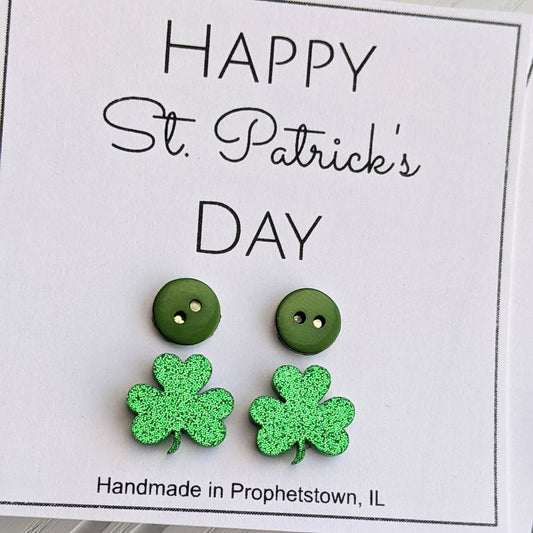 St. Patrick’s Day Glitter Clover and Button Stud Earrings