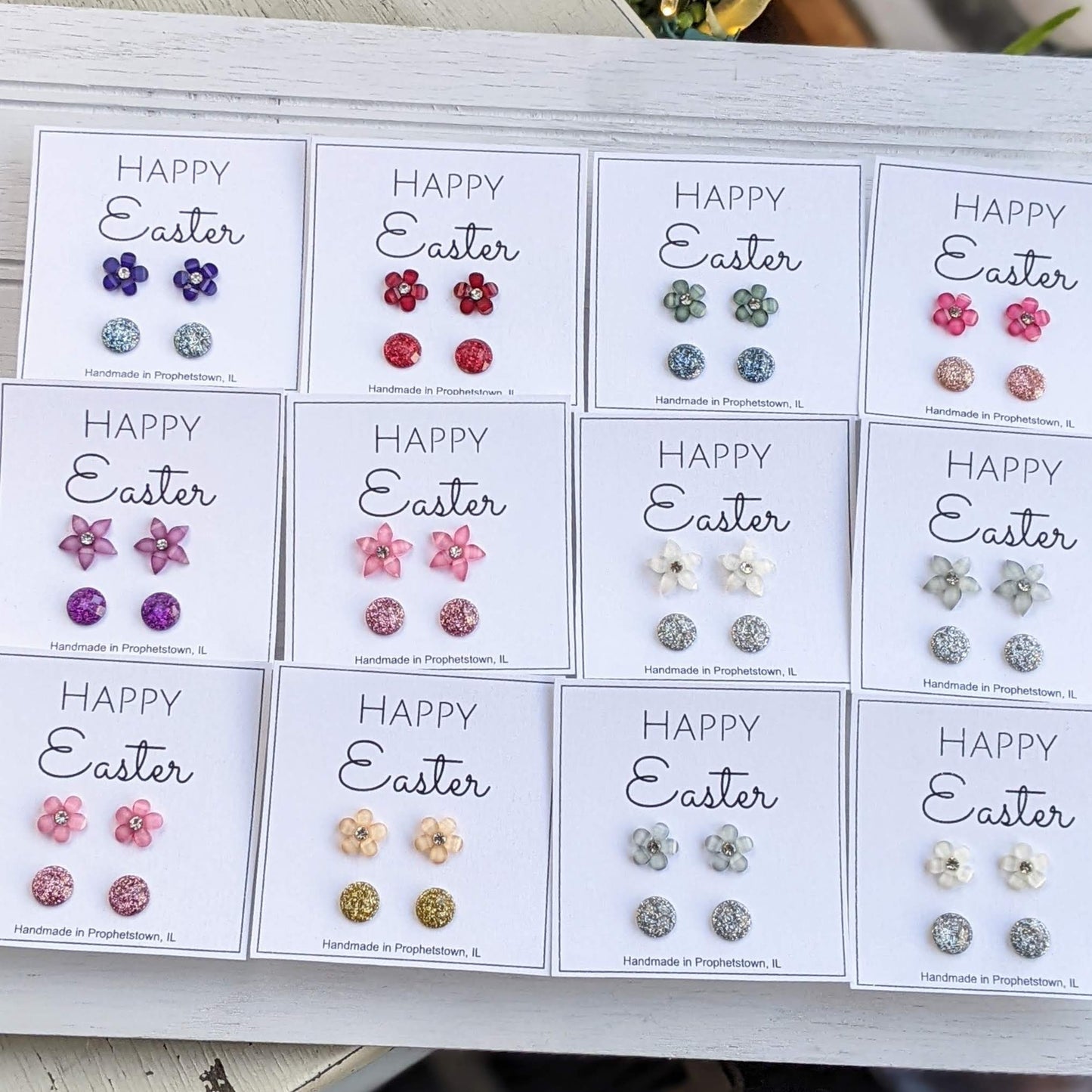 Happy Easter Shimmer and Flower Stud Earrings Set