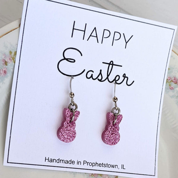 Happy Easter Glitter Bunny Dangle Earrings
