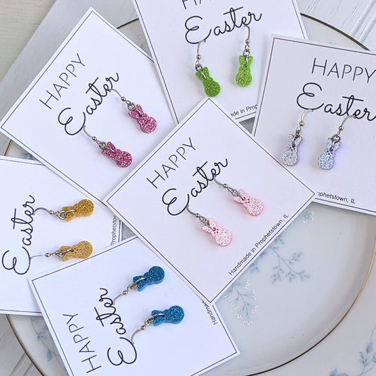 Happy Easter Glitter Bunny Dangle Earrings