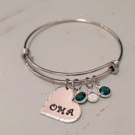 Heart Name Bangle with Birthstones