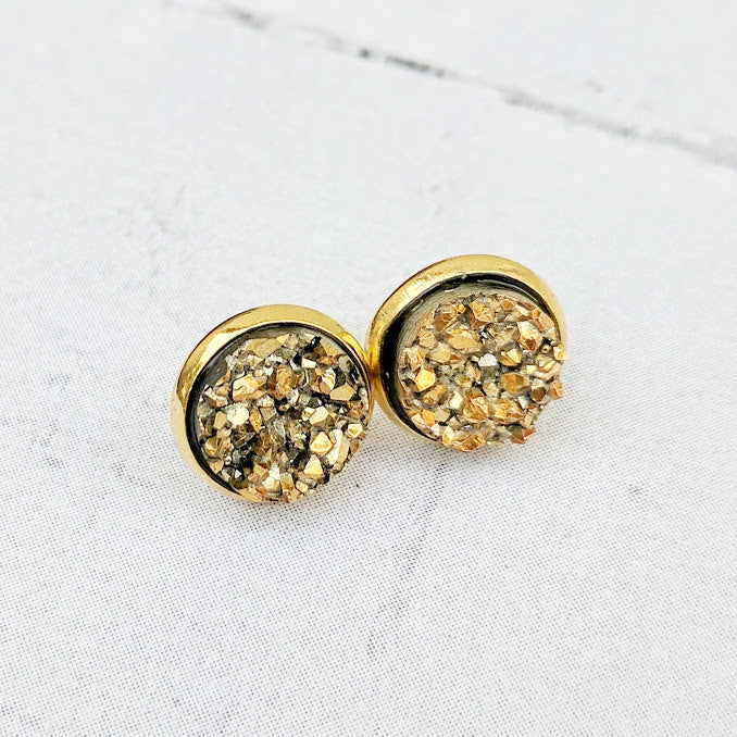 Gold on Gold - Druzy Stud Earrings - Hypoallergenic Posts