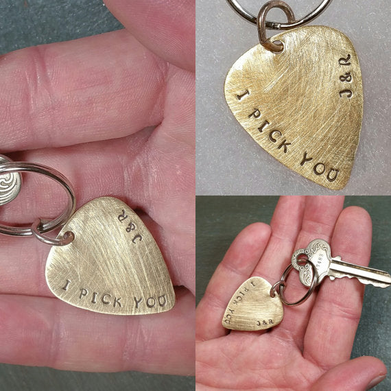 I Pick You Guitar Pick Keychain - Golden Brass or Silver Aluminum