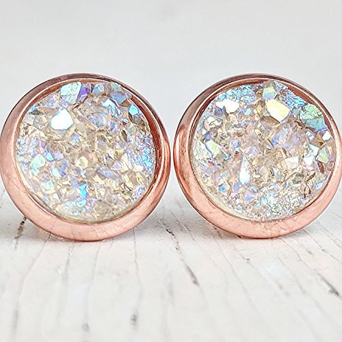 Opal on Rose Gold - Druzy Stud Earrings - Hypoallergenic Posts