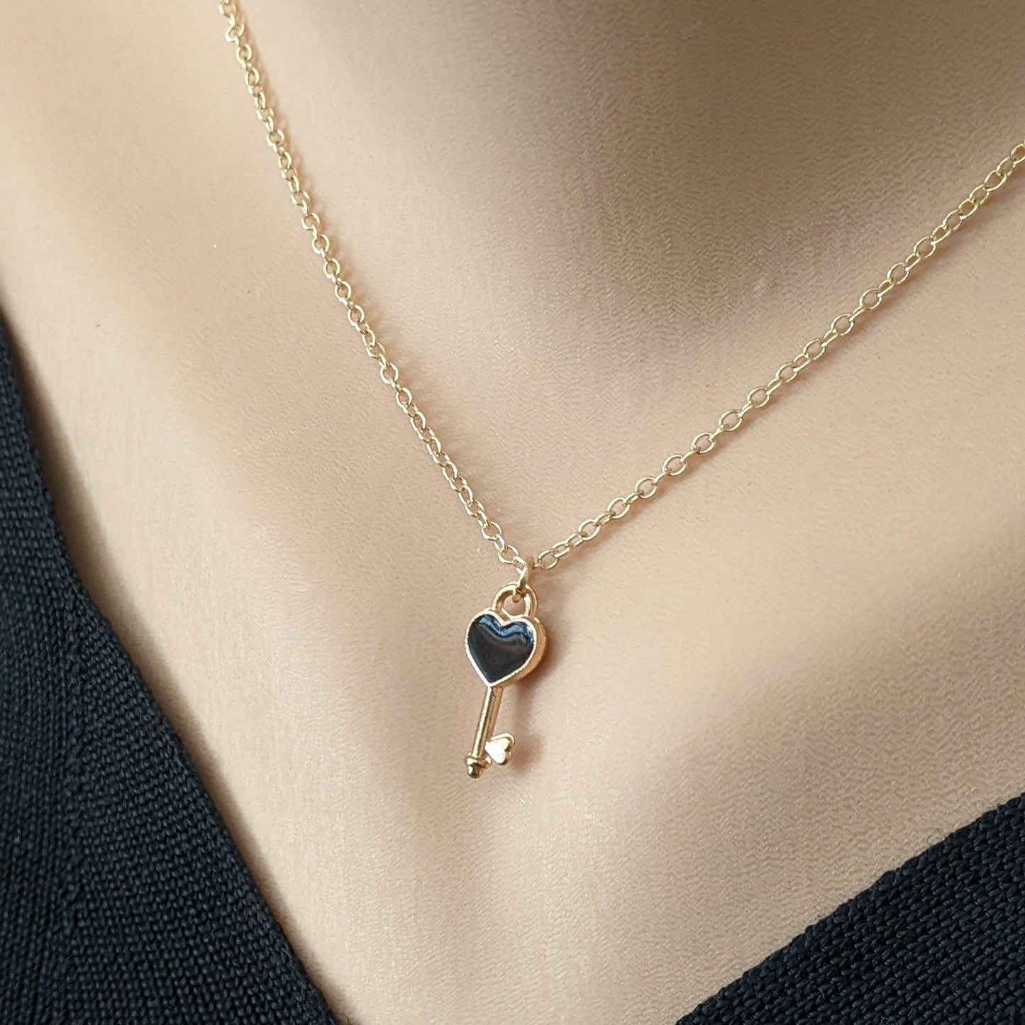 Mini Heart Key Charm Gold Necklace