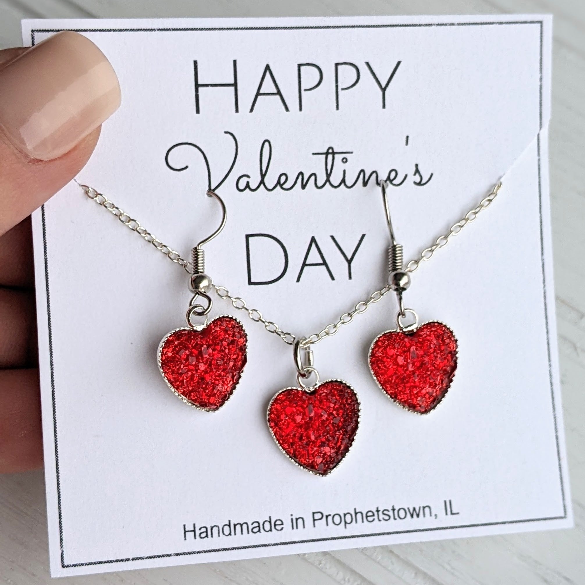 Valentines Druzy Heart Necklace and Earring Sets
